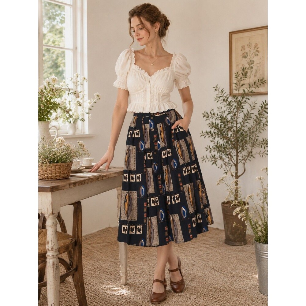 Vtg Wool Rooster‎ Pleated Maxi Skirt Geiger Austria Black US 8 Mod dark cottage